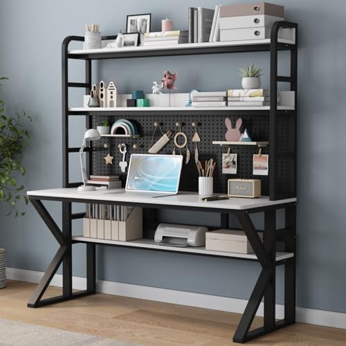 Escritorio de madera maciza para computadora con estantes de almacenamiento y tablero de clavijas, mesa de trabajo moderna para oficina en casa, estudio, escritorio grande y resistente con