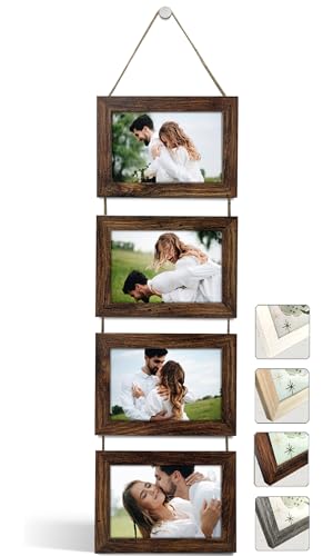NEOWS Portafotos Múltiple Decorativo para Colgar en Pared - Marcos de Fotos Multiples de Madera Con Cuerda - Collage Portarretratos Colgante - Fotos 10x15 cm (Madera Envejecida, 4 Fotos Horizontal)