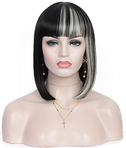Kalyss Bob Short Hair Wig for Black Women Heat Resistant Yaki Synthetic Hair Womens Wig With Hair Bangs (Black With Blonde Strips)