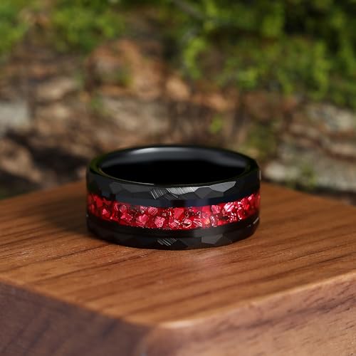 Ruby 8mm Black Gold or Rose Gold Plated Tungsten Wedding Bands Ring with Morganite/Sandstone/Moss Agate/Opal/Wood Option - Unique Gothic Daily Wear Promise Rings for Him and Her Size 7-142