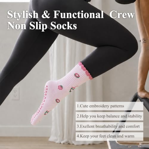 Image of Toes Home Pilates Socks for Women with Non Slip Grippers, Yoga Crew Socks for Barre Hospital Sticky Slipper Socks 4 Pairs