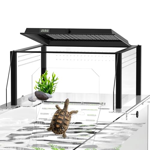 Upgraded Turtle Basking Platform for Aquatic Turtles with Temp & Humidity Gauge Clear Acrylic Turtle Dock Flip-Open Lid Non-Slip Ramp & Escape-Proof Fits 1719 Aquariums