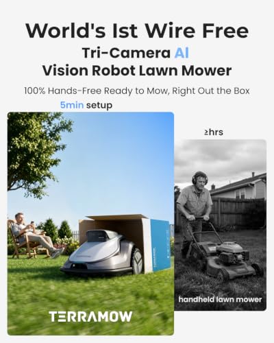 Image of TerraMow V1000 Robotic Lawn Mower with Garage, Tri-AI Vision, No Wire /RTK /Signal Issues, Auto Mapping, Max 0.3 Acres, Vision Navigation, AI Obstacle Avoidance, 100% Hands-Free for Complex Gardens