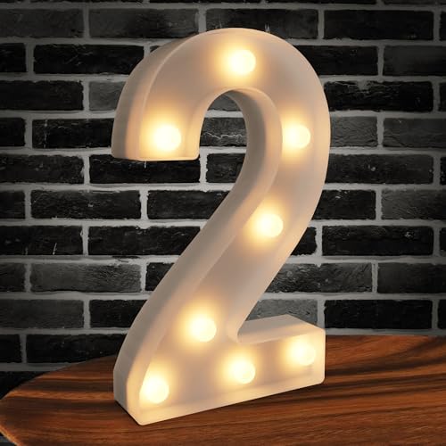 Marquee Numbers Light up Numbers, 0-9 Number Battery Powered LED Light, White Plastic Numbers Sign for 2nd Birthday Decorations, Number Decor for Graduation Engagement Wedding Birthday (Number 2)