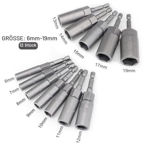 12 Stück Steckschlüssel Langnuss Set, 6-19mm Steckschlüsselsatz für akkuschrauber, 1/4\ Sechskant Stecknuss Set - 6er 7er 8er 9er 10er 11er 12er 13er 14er 15er 17er 19er Lang Nuss Bit Set