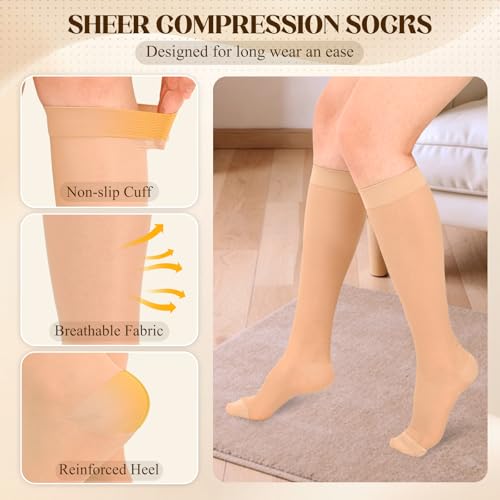 Image of 15-20mmHg Sheer Compression Socks for Women, 2 Pairs Knee High Compression Socks, Closed Toe Medical Compression Stockings for Swelling Shin Splints Varicose Veins