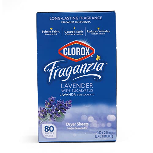 Clorox Fraganzia Dryer Sheets in Lavender with Eucalyptus Scent, 80 Count | Wrinkle-Reducing Fabric Softener Sheets | Best Laundry Dryer Sheets with Long-Lasting Lavender with Eucalyptus Scent