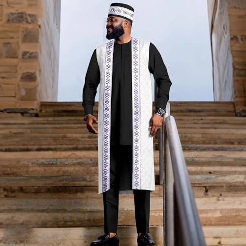 African Clothes for Men Suit Outfits Embroidery Jacket Shirt Pants Matching Hat 4 Pieces Set for Wedding2