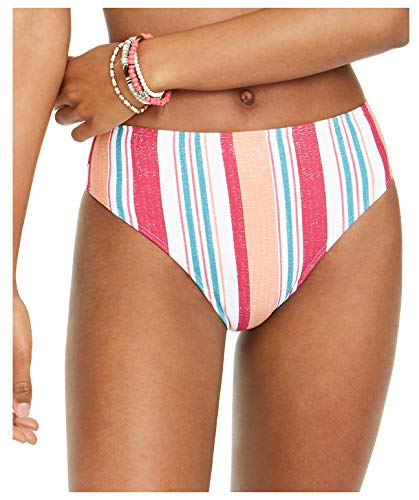Roxy Calcinha de biquíni listrada de cintura alta, Rosa escuro, L