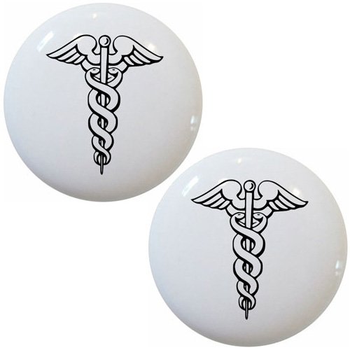 Set of 2 Caduceus Medical Symbol Ceramic Cabinet Drawer Pull Knobs