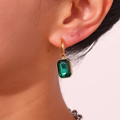 Image of El Regalo Stainless Steel Rectangular Cut Rhinestone Hoop Earrings - Elegant 18K Gold Plated Waterproof Vintage-Inspired Cubic Zirconia Huggie Hoops for Women