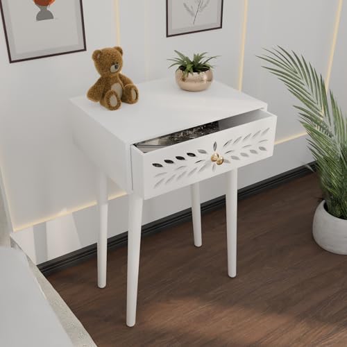 Image of Ereteken ART Nightstand Bedroom Carved Beside Table Made of MDF, Night Stand with 1 Drawers end Table for Bedroom /Living Room-White (White)