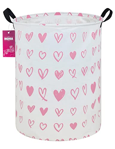 Image of INGHUA Laundry Hamper Large Canvas Fabric Lightweight Storage Basket/Toy Organizer/Dirty Clothes Collapsible Waterproof for College Dorms, Boys and Girls Bedroom,Bathroom(Pink hearts)