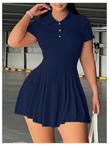 Image of RoseSeek Women's Plus Size Ribbed Knit Golf Dress Button Front Short Sleeve A Line Collared Shirt Dresses
