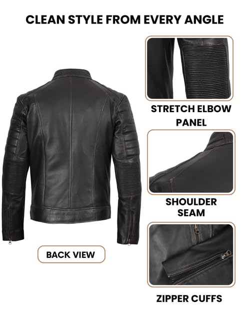 Image of Decrum Cafe Racer Leather Jacket for Men - Real Lambskin Motorcycle Style Mens Jacket with Zipper Closure