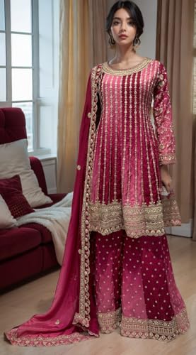 Image of Miss Ethnik Dual Tone Strip Chinon Heavy Embroidered Stitched Sharara Suit Set With Dupatta (ME-1129)