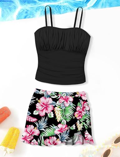 Image of Girls Tankini Swimsuits Size 10-12 Two Piece Gingham Bathing Suit for Girls Drawstring Bikini Set Adjustable Straps Pad Swimwear Black Floral 11-12 Years