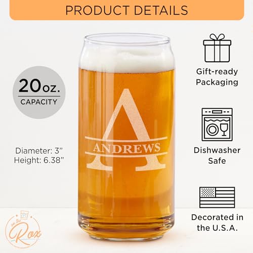 Image of Personalized Name Monogram Beer Can Glass - Custom Gift For Him - 20 oz Engraved Name Glass - Gifts