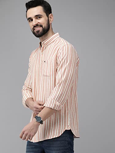 Image of THE BEAR HOUSE Men's Off White & Orange Slim Fit Striped Linen Cotton Casual Shirt | 3XL |TBH-ORB-OR-3XL |