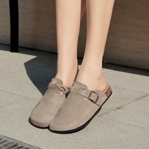 Image of Suede Clogs for Men Soft Cork Footbed Women's Clogs Mules with Arch Support, Adjustable Buckle Comfort Leather Potato Shoes, Slip-On Closed Toe Slippers