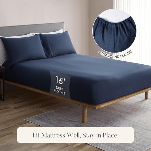 DAPU Pure Linen Sheets Set, 100% French Linen from Normandy, Breathable and Durable for Hot Sleepers, 4 Pcs Set - 1 Flat Sheet, 1 Fitted Sheet, 2 Pillowcases (Navy Blue, Queen)