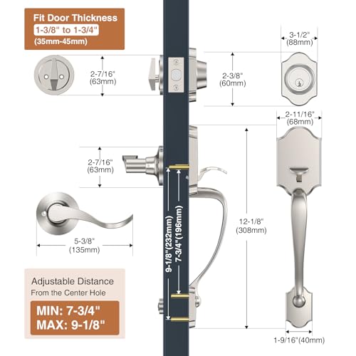 Image of Brightify Satin Nickel Front Door Lock Set, Entry Door Handle Set with Deadbolt, Exterior Door Handle with Lock Lever and Single Cylinder, Reversible for Right & Left