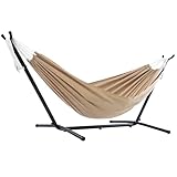 Vivere Double Cotton Hammock with Space Saving Steel Stand, Upgraded Polyester End Strings 450 lb Capacity - Premium Carry Bag Included - (Sand)
