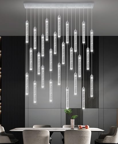 Image of Rectangular Chandeliers 26-Lights Long Light for Entryway LED Dimmable Chandeliers Lighting Fixture Flat Sloped High Ceiling Pendant Lights Crystal for Living Room Foyer Hallway Staircase Silver