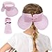 Girls Roll Up Straw Sun Visor, Wide Brim UV Protection Beach Hat with Bowknot and Adjustable Hook and Loop, Paper Straw, 4-Inch Brim(Pink&White Stripe)