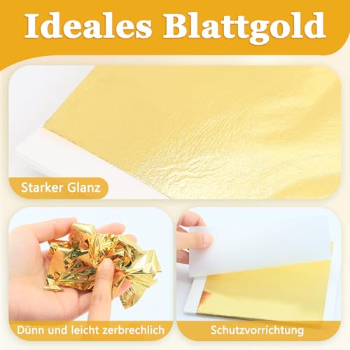 ZOCONE 200 Blatt Blattgold Imitation Gold Leaf Sheets 12.8 * 13.5cm Blattgold zum Basteln Acrylmalerei Nägel Resin, Goldpapier Schlagmetall Blätter Goldfolie zum Basteln DIY Deko
