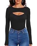 WXXYCS Women's Sexy Ribbed Knit Tops - Long Sleeve Cut Out Shirts with Open Chest Design | Ultra Soft Stretch Viscose & Spandex Fabric Blouse | for Club, Party, Date Night| Black