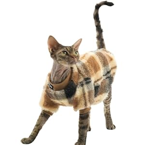 Cat Double-Sided Fleece Clothes, Soft Warm Winter Jumpsuit Sweater Shirt Clothing for Hairless Sphynx, Devon & All Indoor Kittens (Khaki,M)