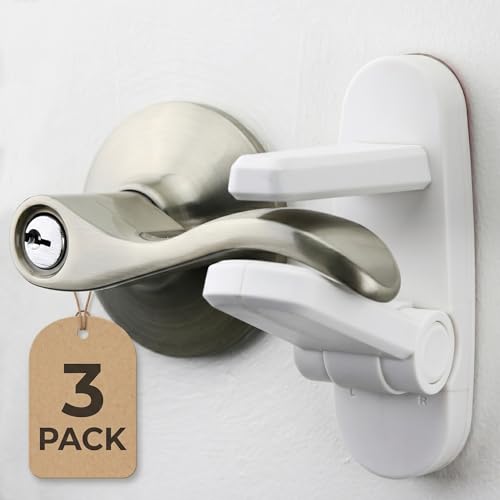 Image of Door Lever Lock (3 Pack) Prevents Toddlers from Opening Doors. 3.25" L * 1.5" W * 4.5" H Easy One Hand Operation for Adults. Durable ABS with 3M Adhesive Backing. Simple Install, No Tools Needed.