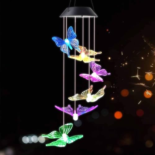 Image of Solar Powered Butterfly Wind Chime, Color-Changing LED Lights, Auto-Charging Panel, Weather-Resistant Outdoor Design, Purple and Yellow, Medium