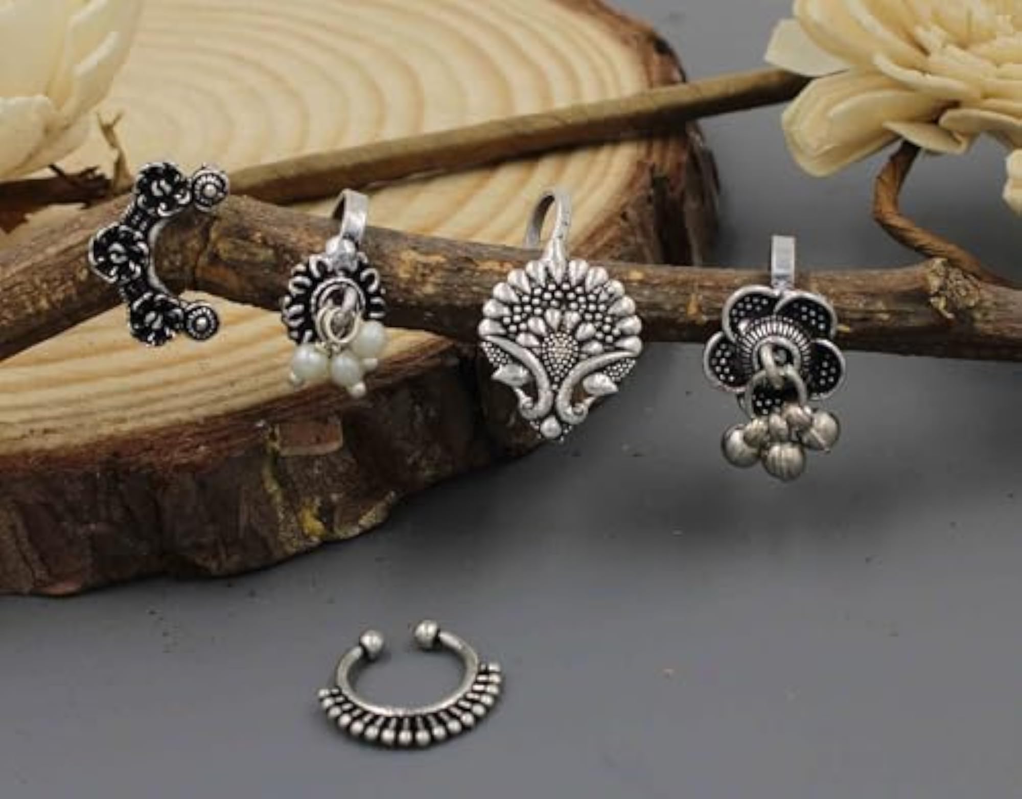 Oxidised Silver-Toned Nosepin Set for Girls, 3pcs
