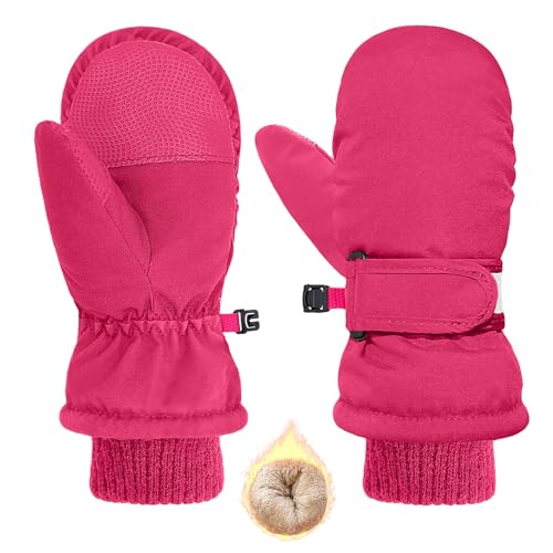 HOPSOOKEN Kids Winter Snow Mittens for Little Girls Boys Thermal Warm Thick Fleece Waterproof Ski Gloves for Cold Weather(RoseM)