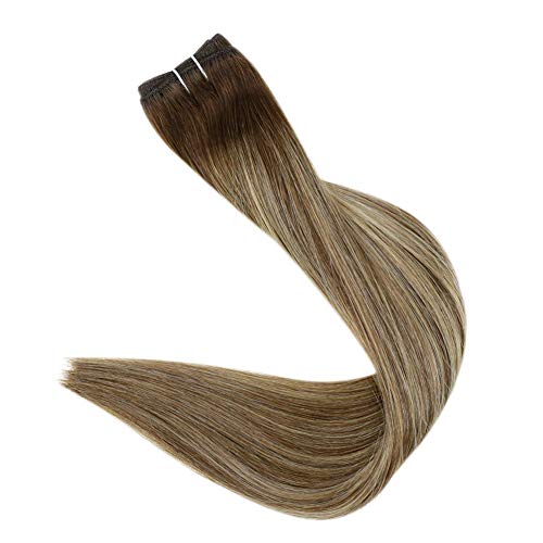 Image of Full Shine Weft Hair Extensions Human Hair 20 Inch 105G, Ombre Hair Weft, Invisible Sew In Hair Extensions, Medium Brown To Butter Blonde Mix Medium Brown, Thick Hair, Long Styling,Add Length