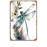 Vintage 12x8 Inch Metal Tin Sign with Artistic Dragonfly Illustration – Perfect for Home Decor, Garden Art, and Nature-Inspired Interiors (C228)