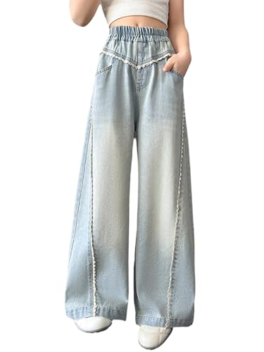 IEFIEL Jean Large Enfant Fille Flare Jean Pantalons Patte D'elephant Jeans Jambe Large Évasé Pantalon Bootcut Pantalon Décontracté Bleu Clair 12-14 Ans