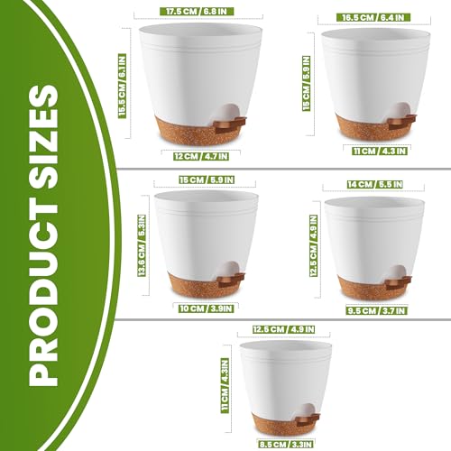 Utopia Home Self Watering Pots for Indoor Plants, Planters for Indoor Plants, Multi-Size Flowerpot, Set of 5 Plant Pots with Drainage & Reservoir, 6.8\"/6.4\"/5.9\"/5.5\"/4.9\" (White) - Thumbnail 2