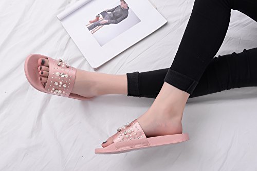Mila Lady Womens Pearl Slides Sandals Slipper for Indoor Outdoor Beach Casual Shoes, Sandy Pink 8
