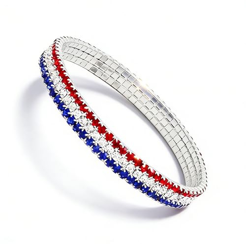 MALOYANVE 4th of July Patriotic American Flag Bracelets for Women Red White Blue Rhinestone Tennis Bangle Bracelets for Independence Day USA Jewelry Gifts (Silver)