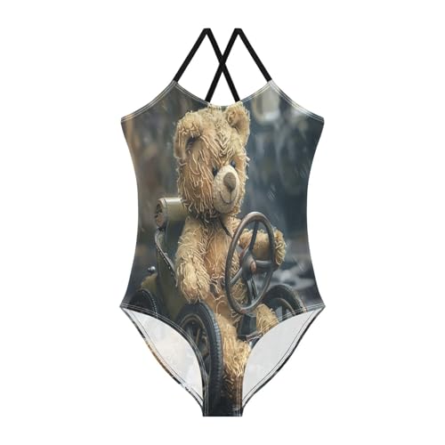 Teddy Bear Driving Car One Piece Swimsuit Girls, Summer Beach Bathing Suit, 3-10