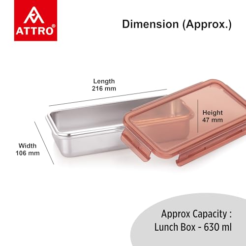 Image of Attro Steelox Rectangle Stainless Steel Container with Plastic Seal Lid BPA Free Food Grade Leak-Proof Ideal for School, Office & Outdoor Lunch Pack - 630ml Brown
