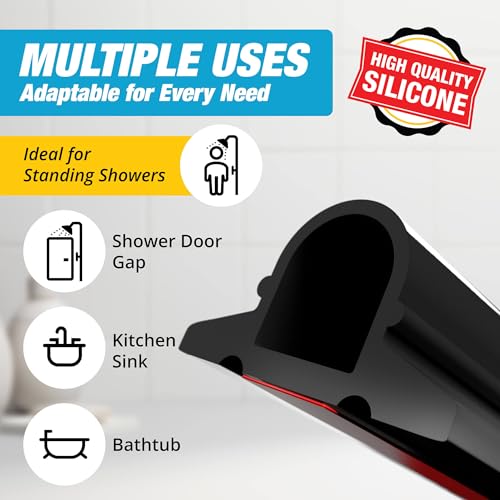 Image of Shower Threshold Water Dam Barrier 60 inch Rounded - Black Collapsible Shower Water Blocker - Guard for Walk in Shower - Water Guard Stopper for Floor - Shower Door Water Blocker - Wheelchair Accessible | Flexible door bottom seal for walk-in showers, helps contain leaks, block water and keep bathroom floors clean and dry