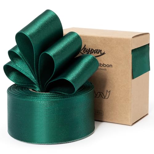 Keypan Green Satin Ribbon Double-Faced Wired Ribbons for Gift Wrapping Flower Bouquet Bows Wedding Invitation Christmas Decor Crafts 1-1/2 Inch 10 Yards