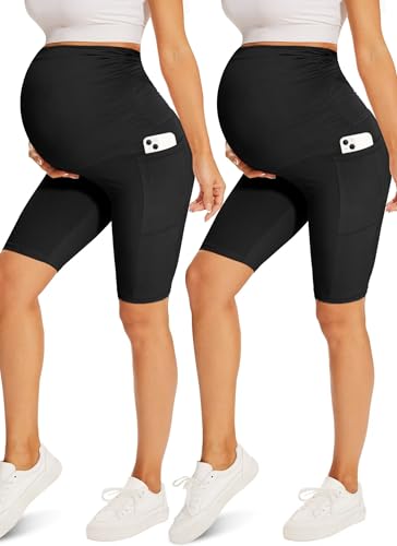 Image of Fotociti Maternity Shorts with Pockets Over The Belly,8" Pregnancy Biker Yoga Active Workout