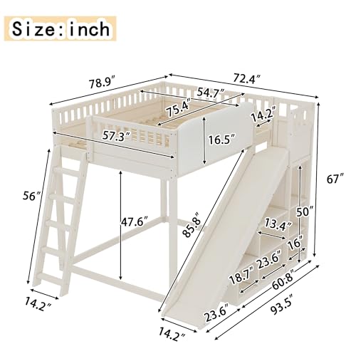 Image of Bellemave Bunk beds Full Over Full with Slide and Stair and headboard, Low bunk /loft Bed for Kids,Beige