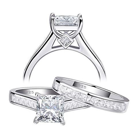 SHELOVES Wedding Ring Set Princess Cut Cubic Zirconia Sterling Silver Engagement Bridal Rings Sz 7 Cover