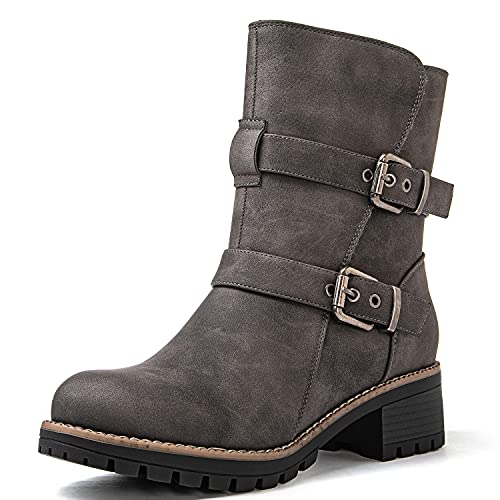 Image of GLOBALWIN Women's Ankle Boots For Women Faux Fur Lined Winter Moto Boots Ankle Booties With Adjustable Double Buckles